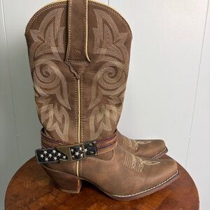 Women's Durango Western Leather Brown/khaki American Flag Buckle Size 6.5M